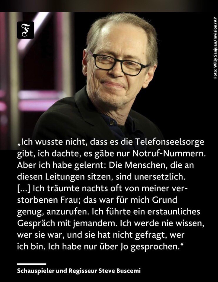 Schauspieler und Regisseur Steve Buscemi erzählt von einem Anruf und lobt die Arbeit der Telefonseelsorge